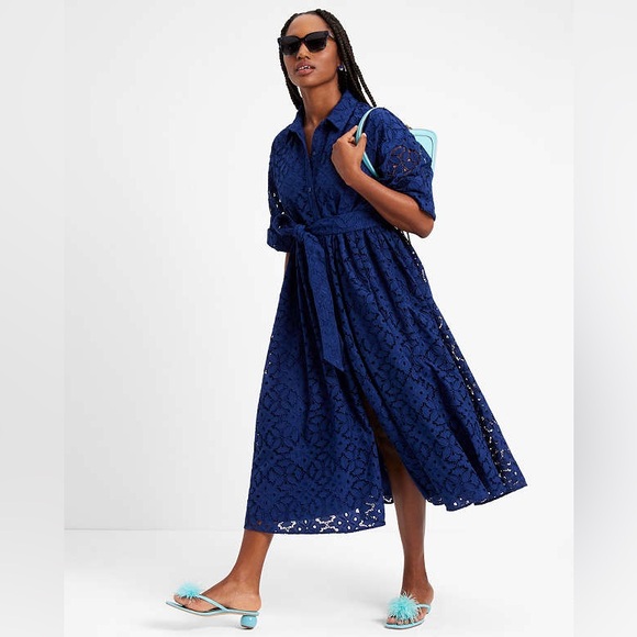 Kate Spade Blue Lace Montauk Midi Dress Medium Embroidered Cutwork French Navy - Picture 10 of 12